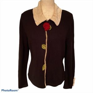 JAMIE KREITMAN SWEATER CARDIGAN BLACK CREAM 3D RED ROSE SIZE M